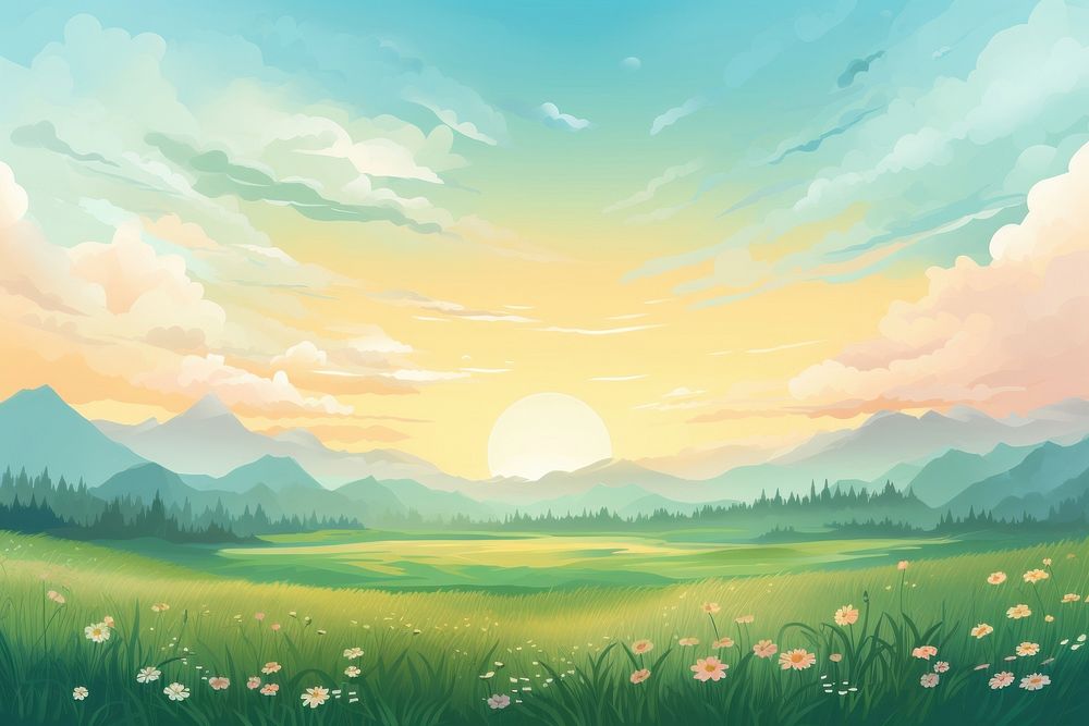  Grassland with sunset landscape backgrounds outdoors. AI generated Image by rawpixel.
