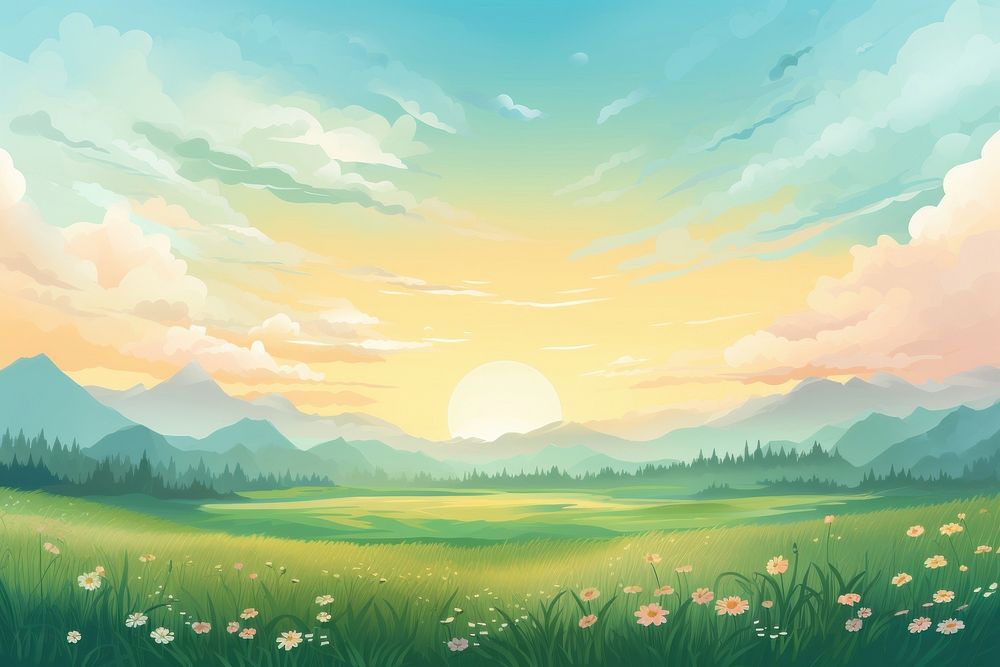  Grassland with sunset landscape backgrounds outdoors. 