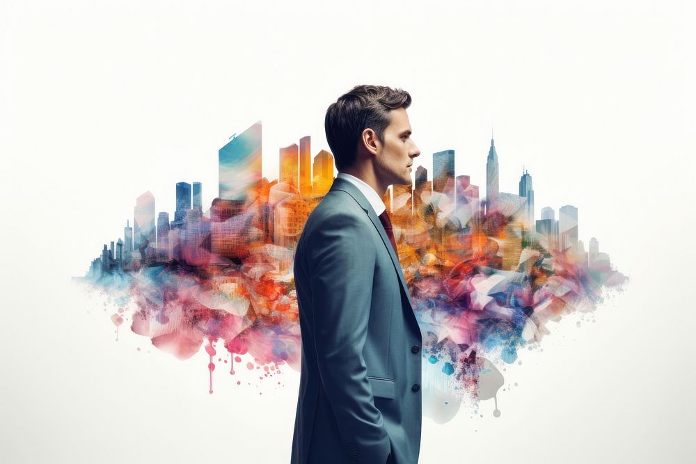 Double exposure businessman and the city photography portrait adult.