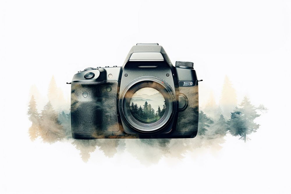 Double exposure photography camera and view white background photographing electronics.