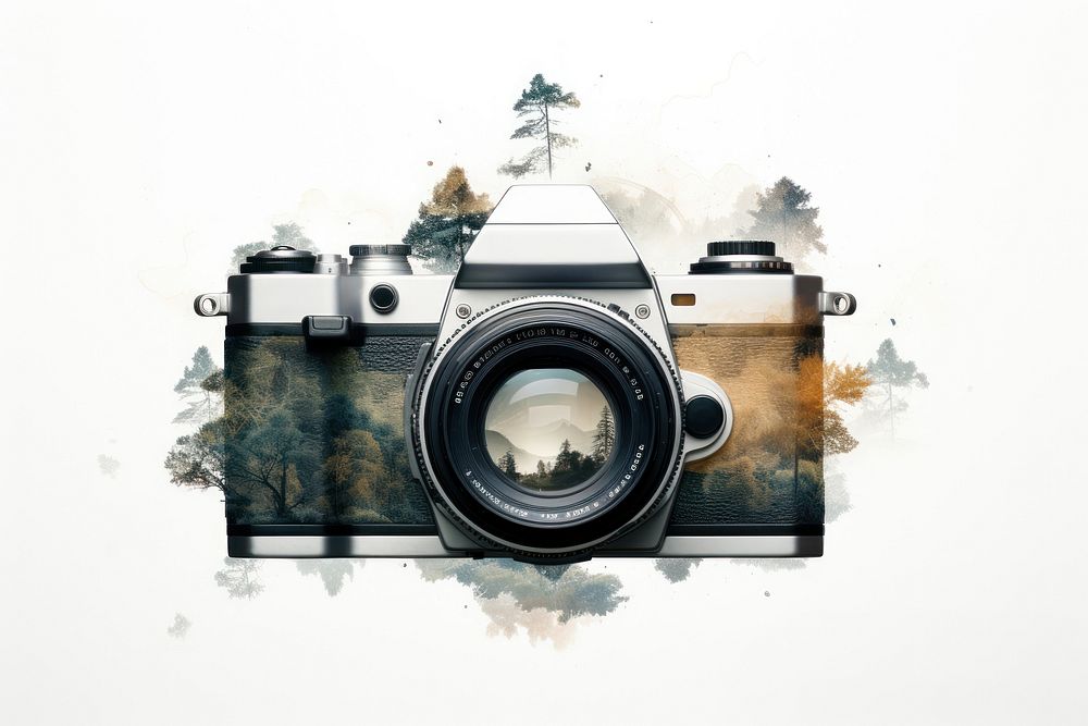 Double exposure photography camera and view white background photographing electronics.