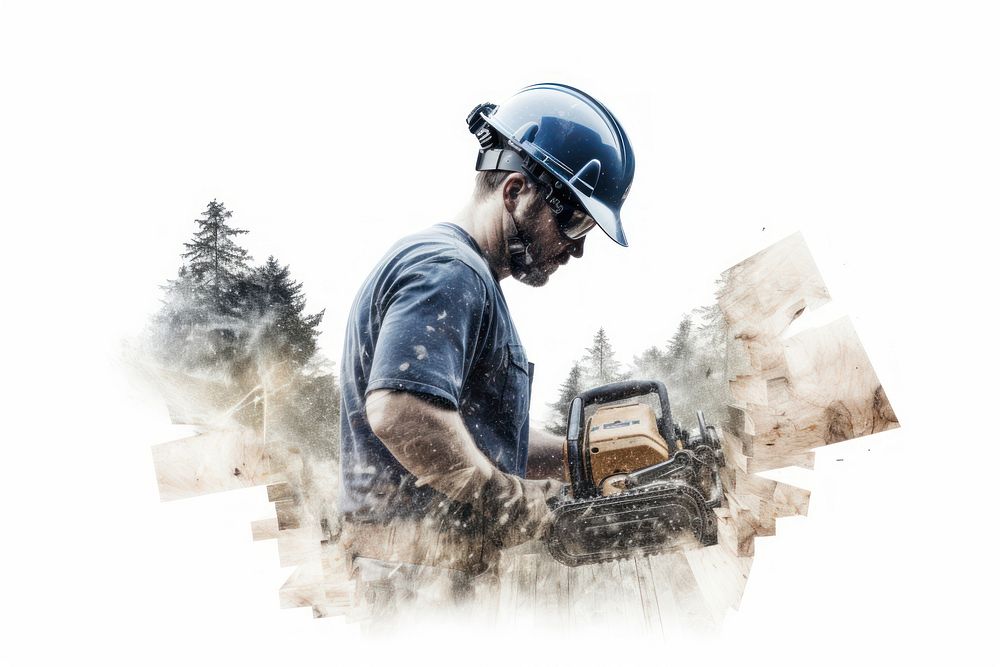 Double exposure photography carpenter and construction helmet adult white background.