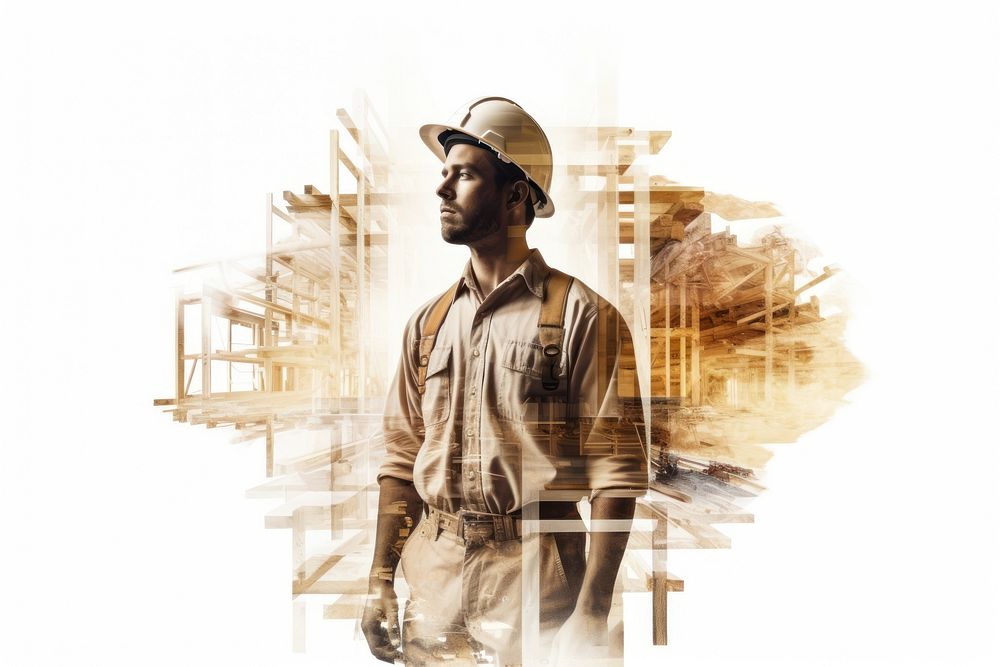 Double exposure photography carpenter and construction hardhat helmet adult.
