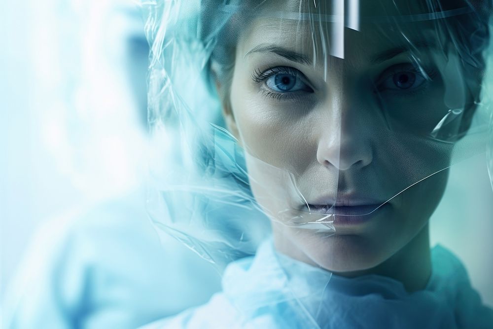 Double exposure photography closeup doctor and operating room portrait futuristic protection.