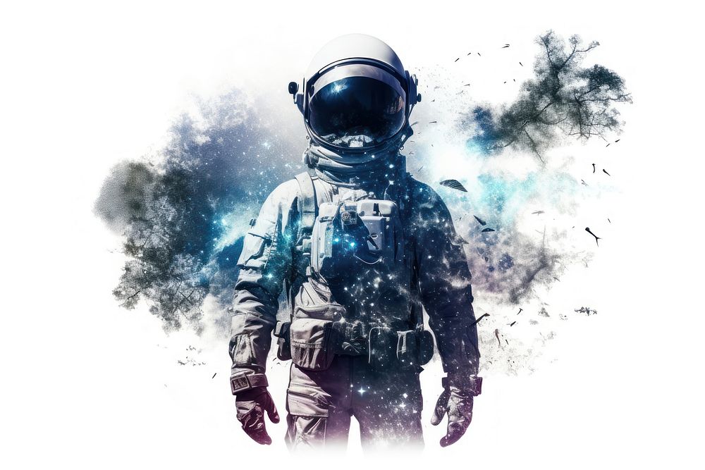 Double exposure photography astronaut and milky way galaxy helmet adult white background.