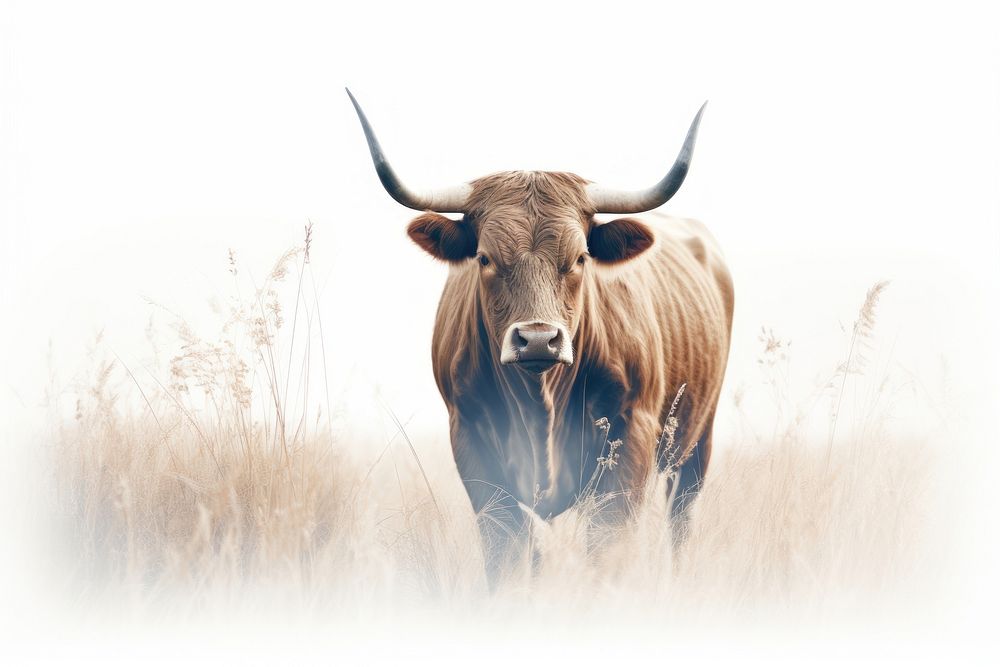 Double exposure photography bull and grass livestock mammal animal.