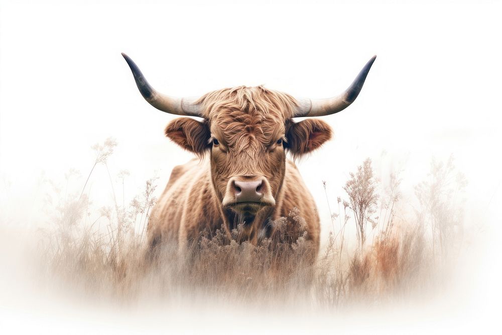 Double exposure photography bull and grass livestock mammal animal.