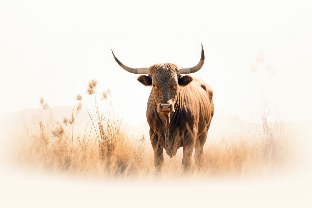 Double exposure photography bull and grass livestock animal mammal.