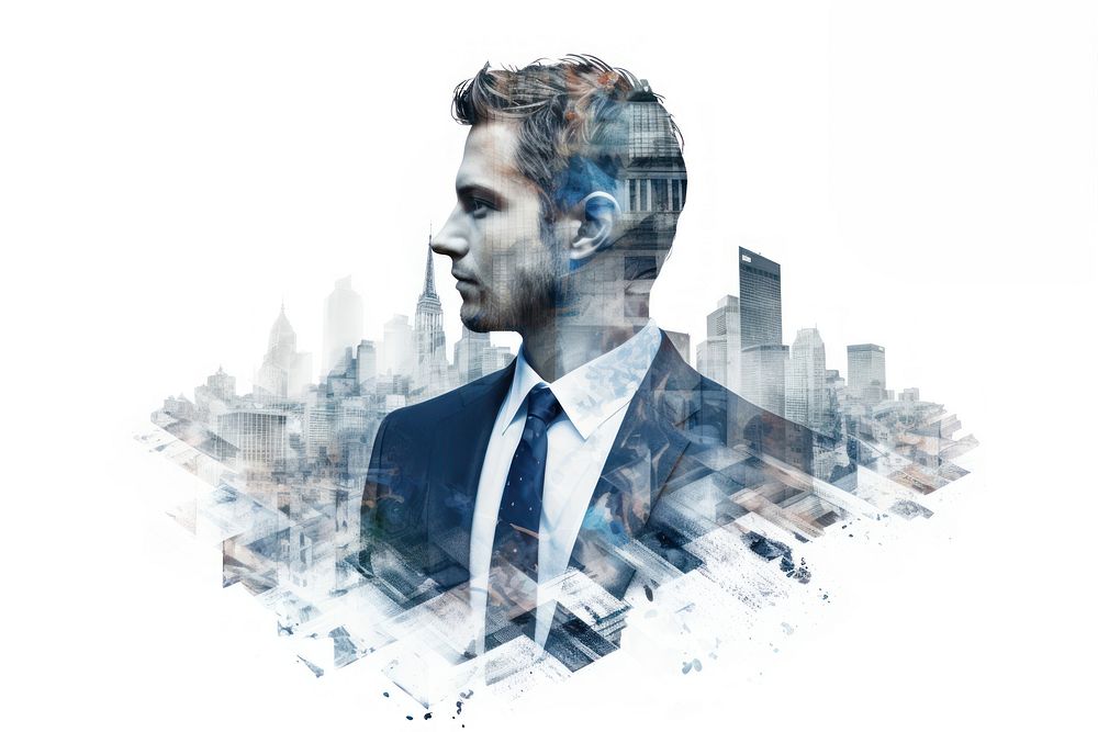 Double exposure photography business man and the city portrait adult advertisement.