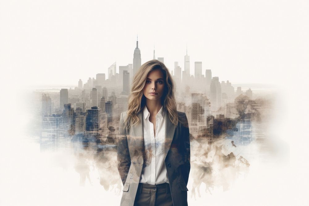 Double exposure photography business woman and city portrait outdoors adult.