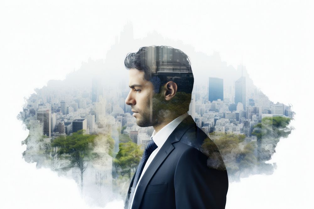 Double exposure photography businessman and the city architecture portrait outdoors.