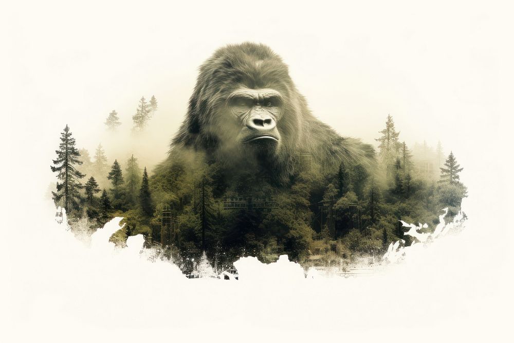 Double exposure photography gorilla and forest wildlife mammal monkey.