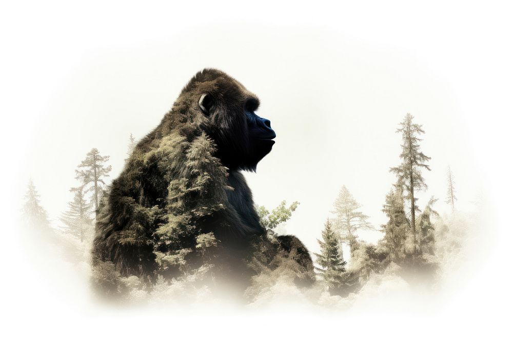 Double exposure photography gorilla and forest wildlife mammal animal.