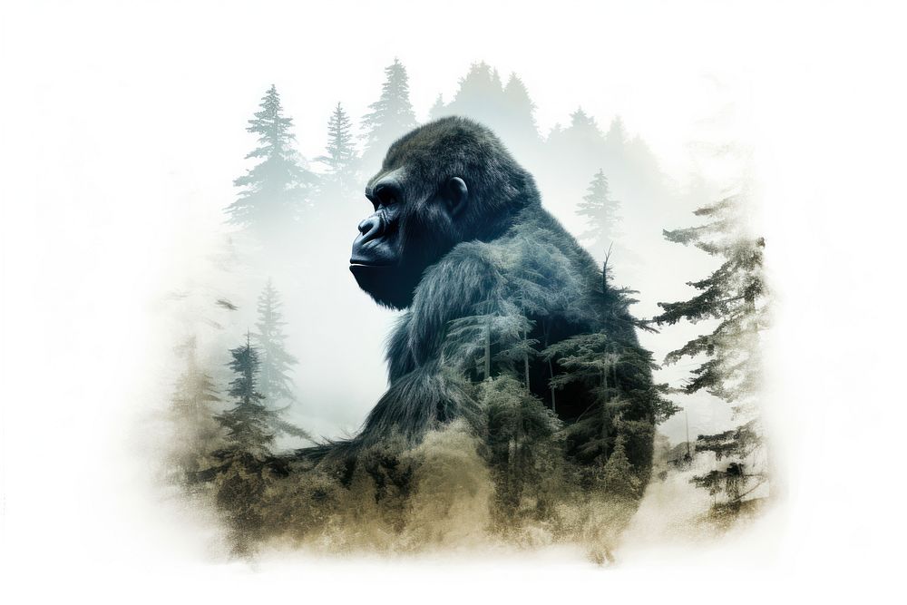 Double exposure photography gorilla and forest wildlife monkey mammal.
