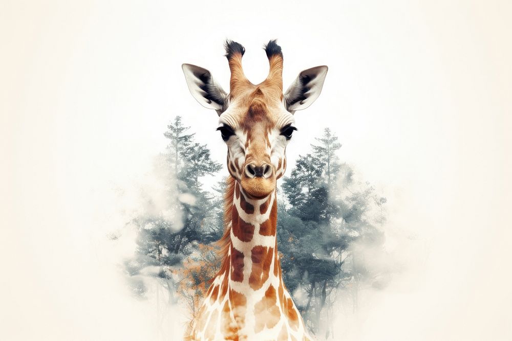 Double exposure photography giraffe and forest wildlife animal mammal.