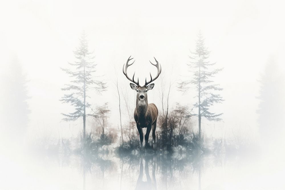 Double exposure photography deer and forest wildlife outdoors nature.