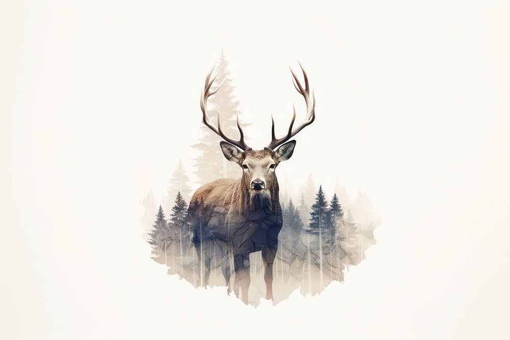 Double exposure photography deer and forest wildlife antler animal.