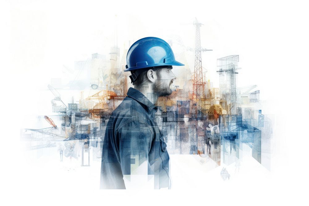 Double exposure photography engineer and construction site hardhat helmet adult.
