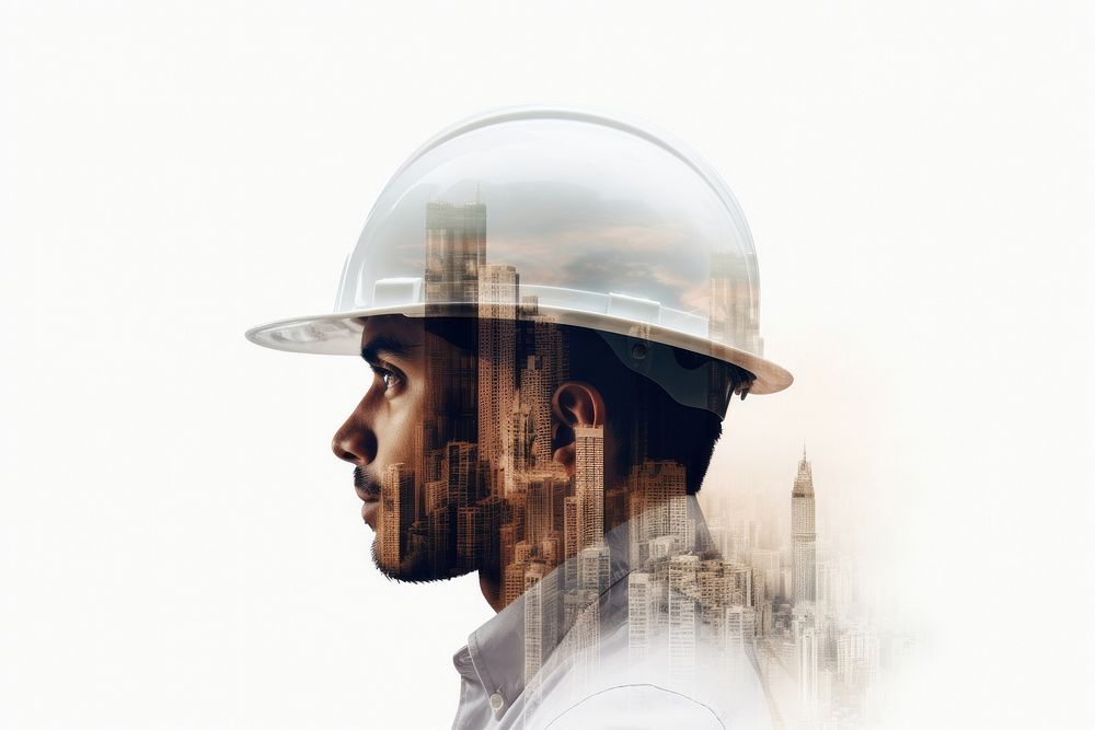 Double exposure photography engineer and sightly skyscraper hardhat helmet adult.
