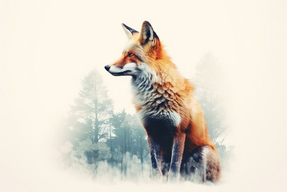 Double exposure photography fox and forest wildlife animal mammal.
