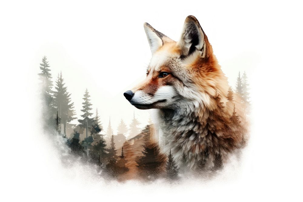 Double exposure photography fox and forest wildlife animal mammal.
