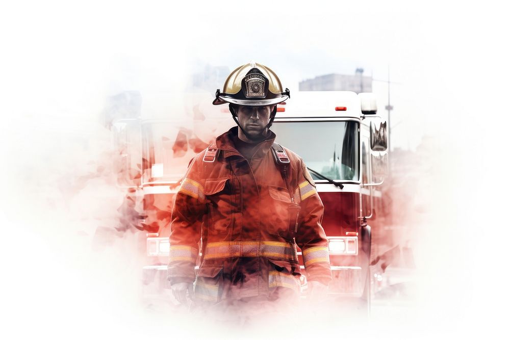 Double exposure photography fireman and fire engine helmet adult architecture.