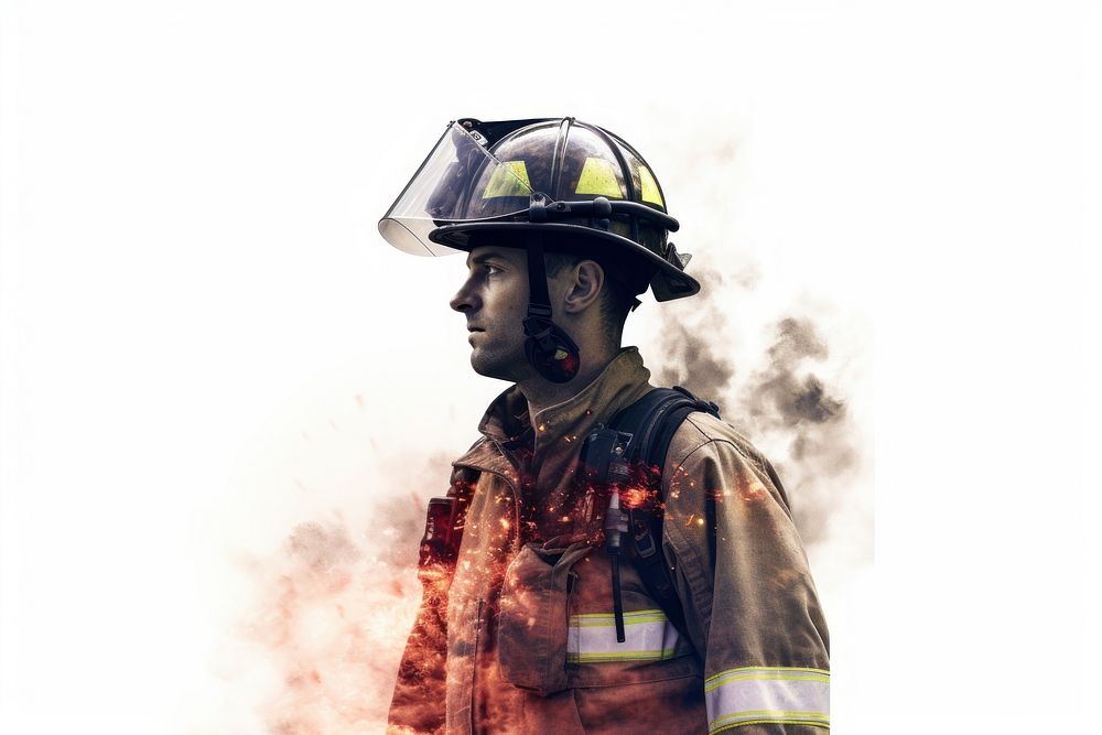 Double exposure photography fireman and fire helmet adult firefighter.