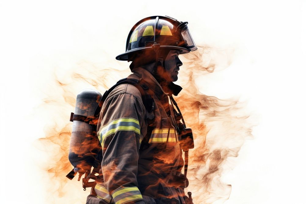Double exposure photography fireman and fire helmet adult smoke.