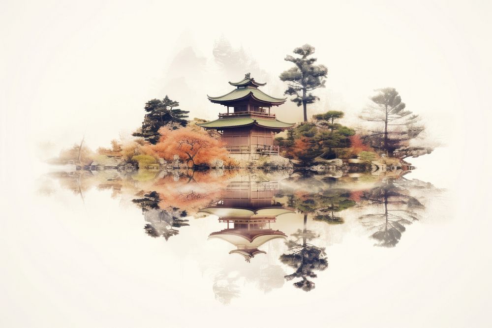 Double exposure photography kimino and japanese garden architecture building outdoors.