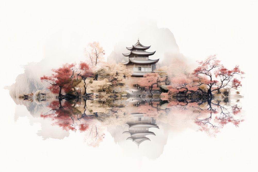 Double exposure photography kimino and japanese garden architecture outdoors pagoda.