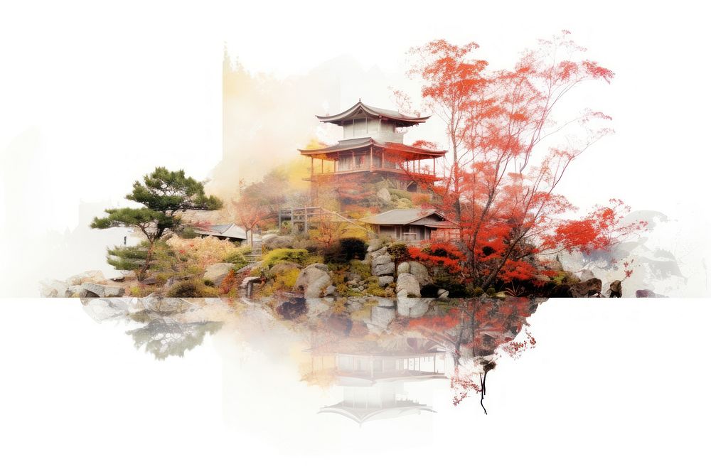 Double exposure photography kimino and japanese garden architecture building outdoors.