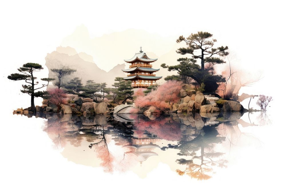 Double exposure photography kimino and japanese garden architecture outdoors nature.