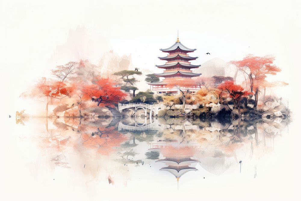 Double exposure photography kimino and japanese garden architecture building painting.