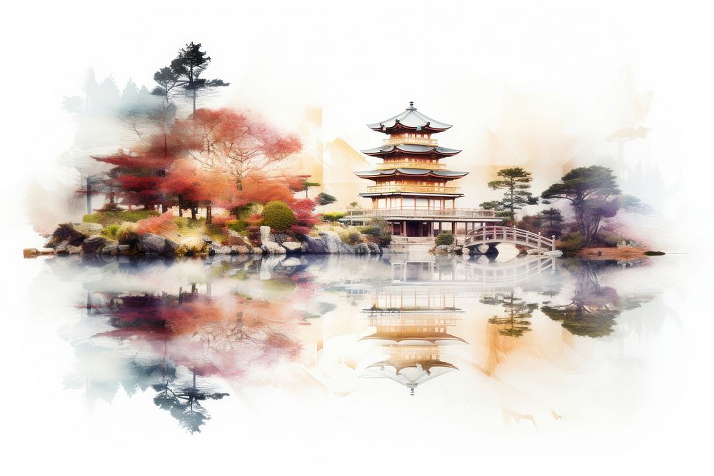 Double exposure photography kimino and japanese garden architecture building pagoda.