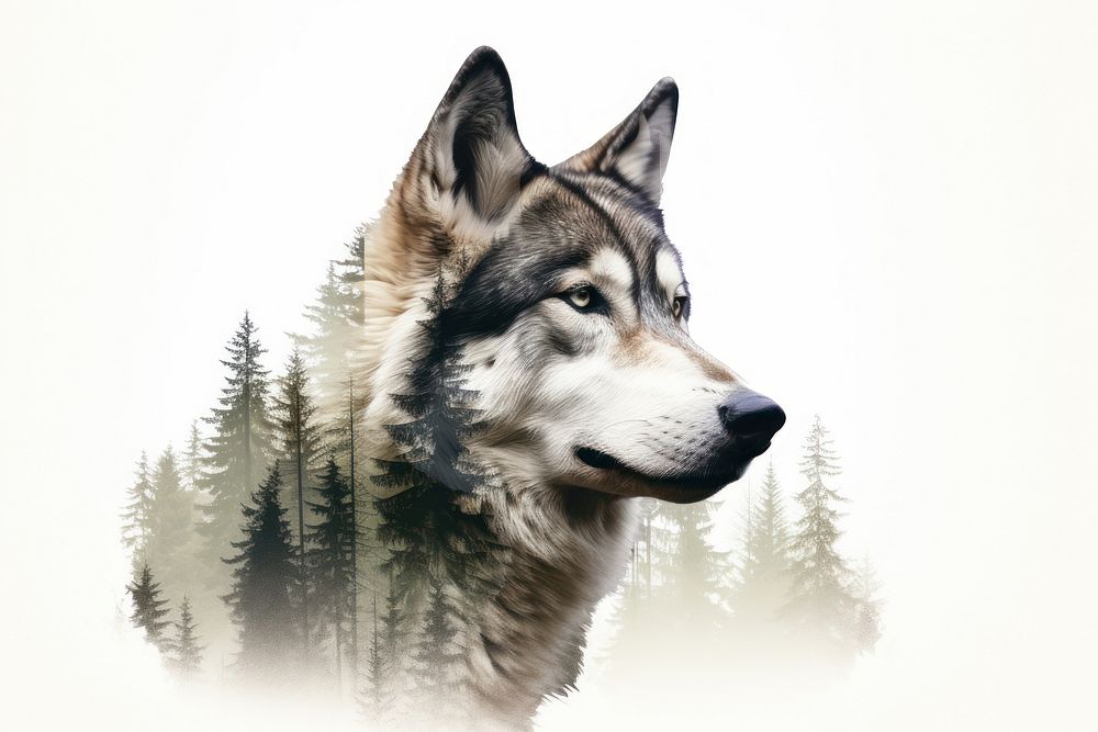 Double exposure photography husky and forest mammal animal wolf.