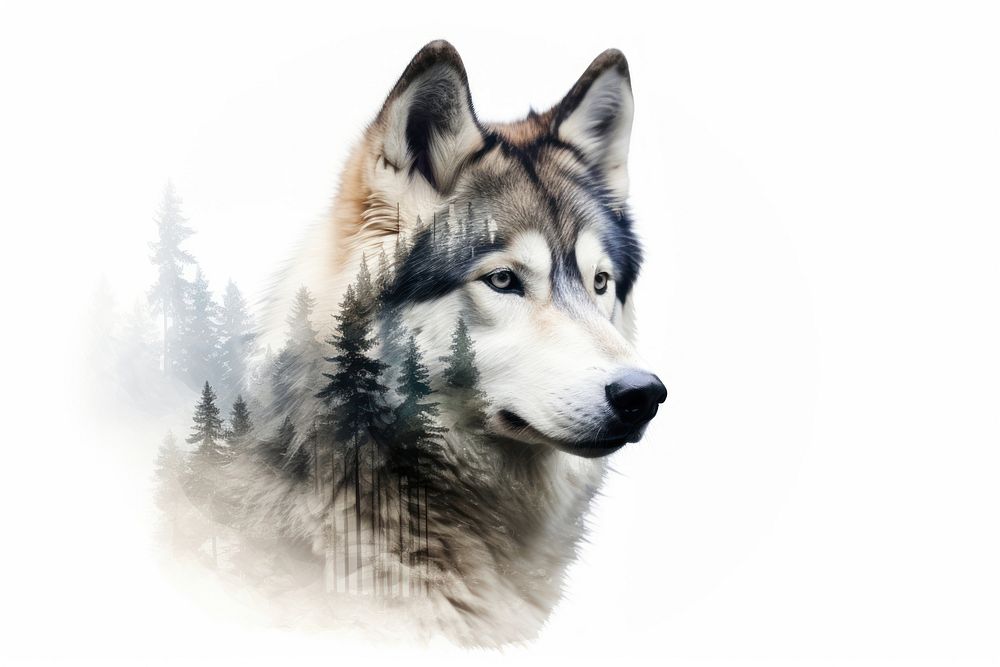 Double exposure photography husky and forest mammal animal wolf.