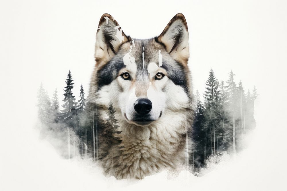 Double exposure photography husky and forest animal mammal wolf.