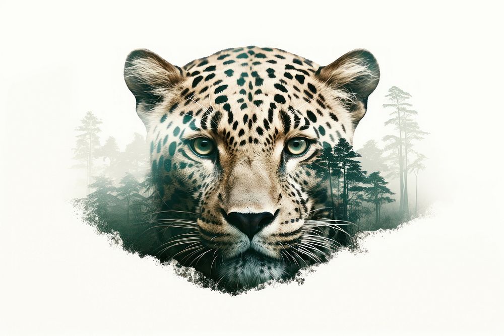 Double exposure photography jaguar and forest wildlife leopard cheetah.