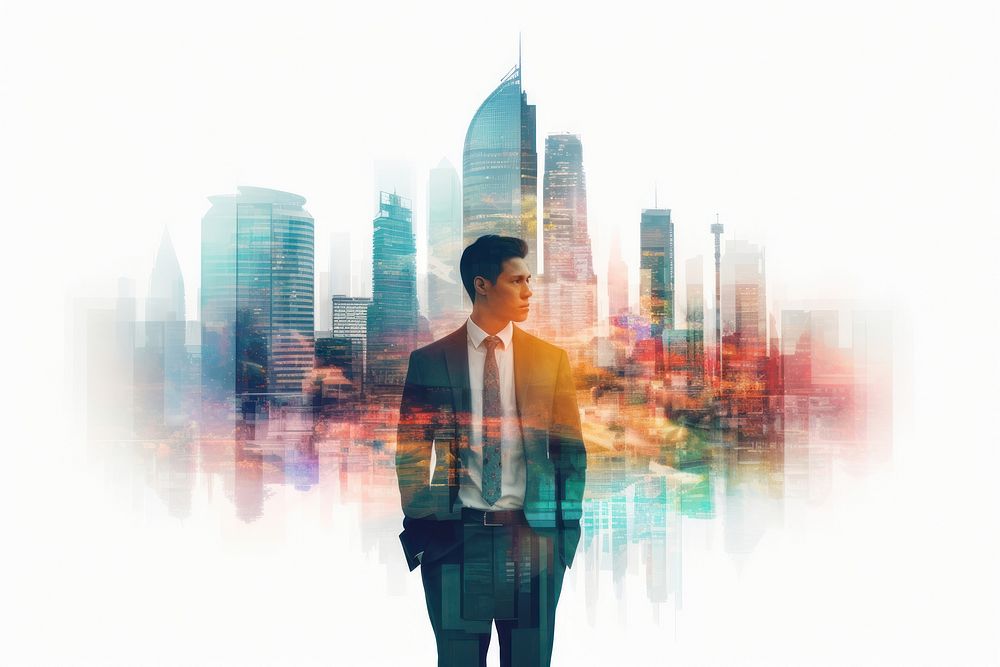 Double exposure photography of business man and the beautiful bangkok city architecture skyscraper cityscape.