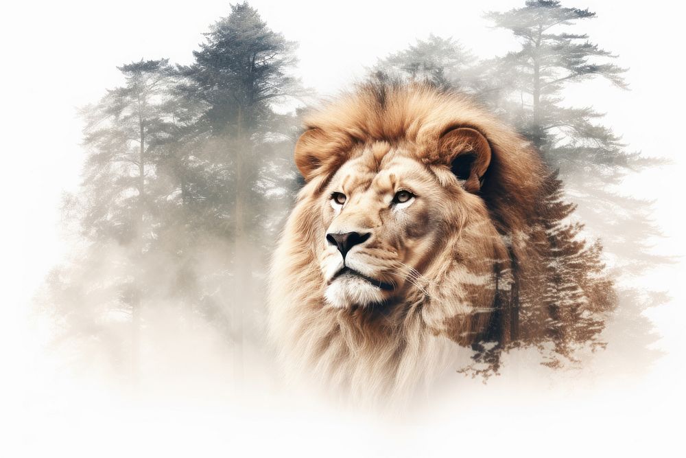 Double exposure photography lion and forest wildlife outdoors mammal.