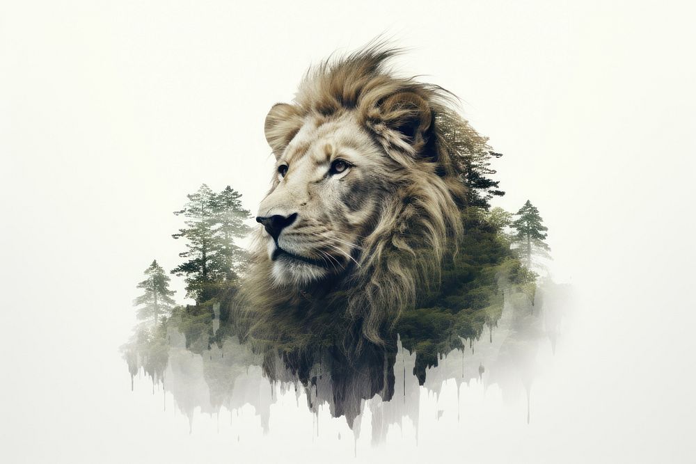 Double exposure photography lion and forest wildlife outdoors mammal.