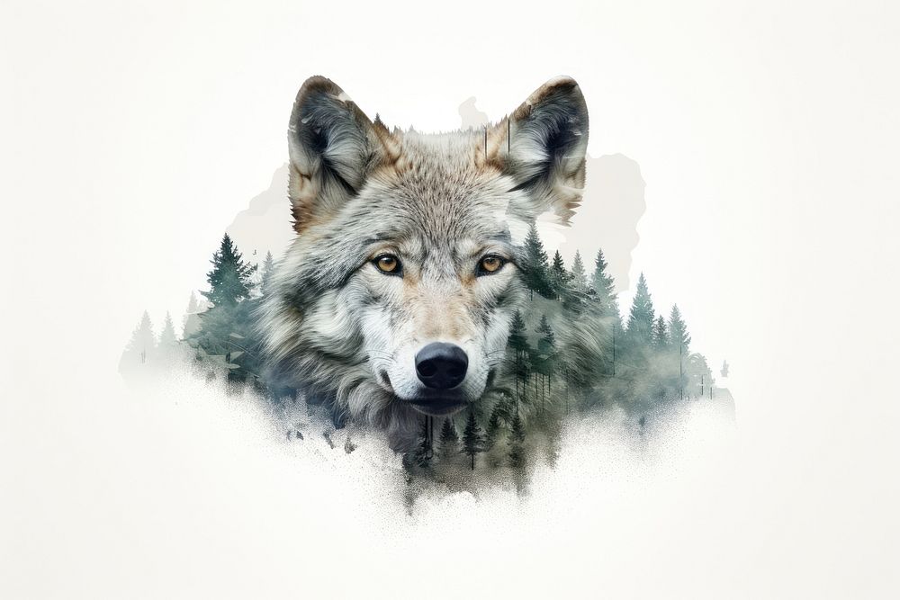 Double exposure photography wolf and forest animal mammal coyote.