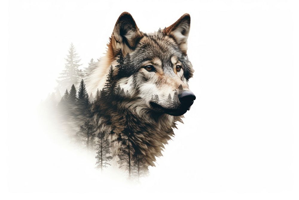 Double exposure photography wolf and forest animal mammal coyote.