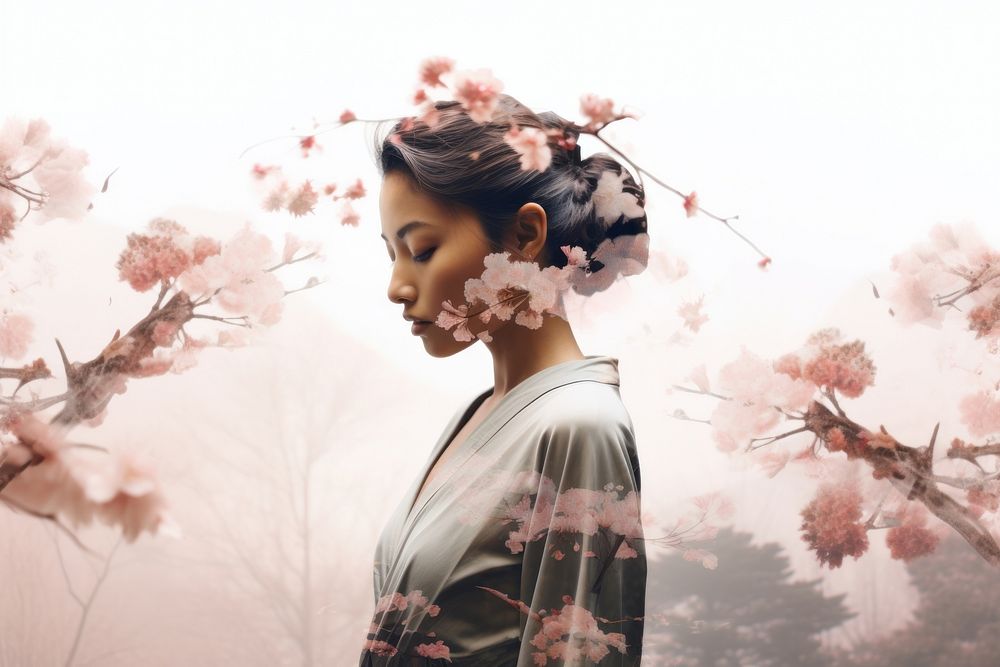 Double exposure photography woman kimino and japanese garden portrait blossom fashion.