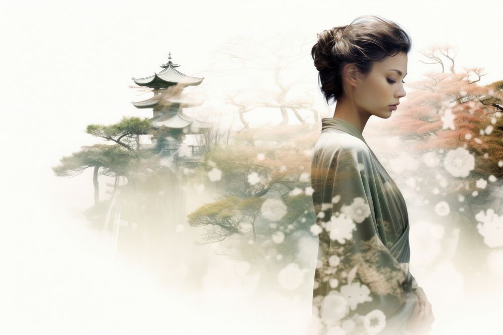 Double exposure photography woman kimino and japanese garden portrait outdoors fashion.
