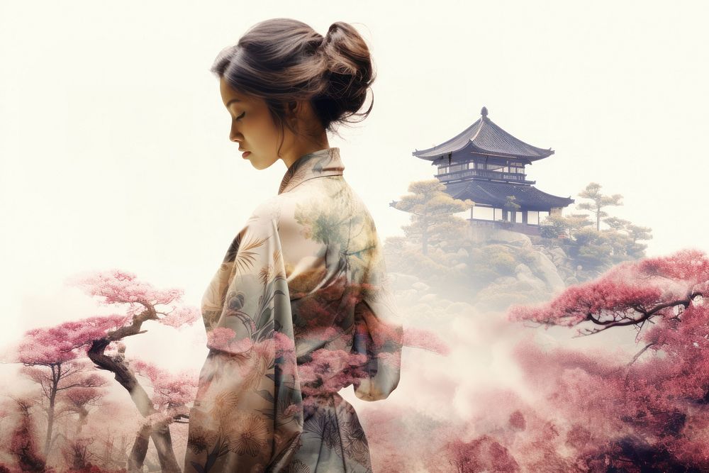Double exposure photography woman kimino and japanese garden fashion plant adult.