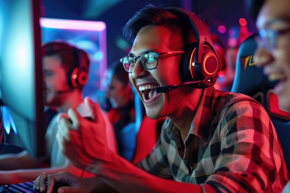 Pro Gamers Play in Video Game on a Championship Arena headphones headset glasses.