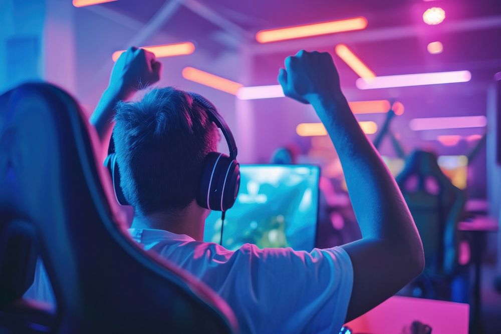 Pro Gamers Play in Video Game on a Championship Arena headphones sports adult.