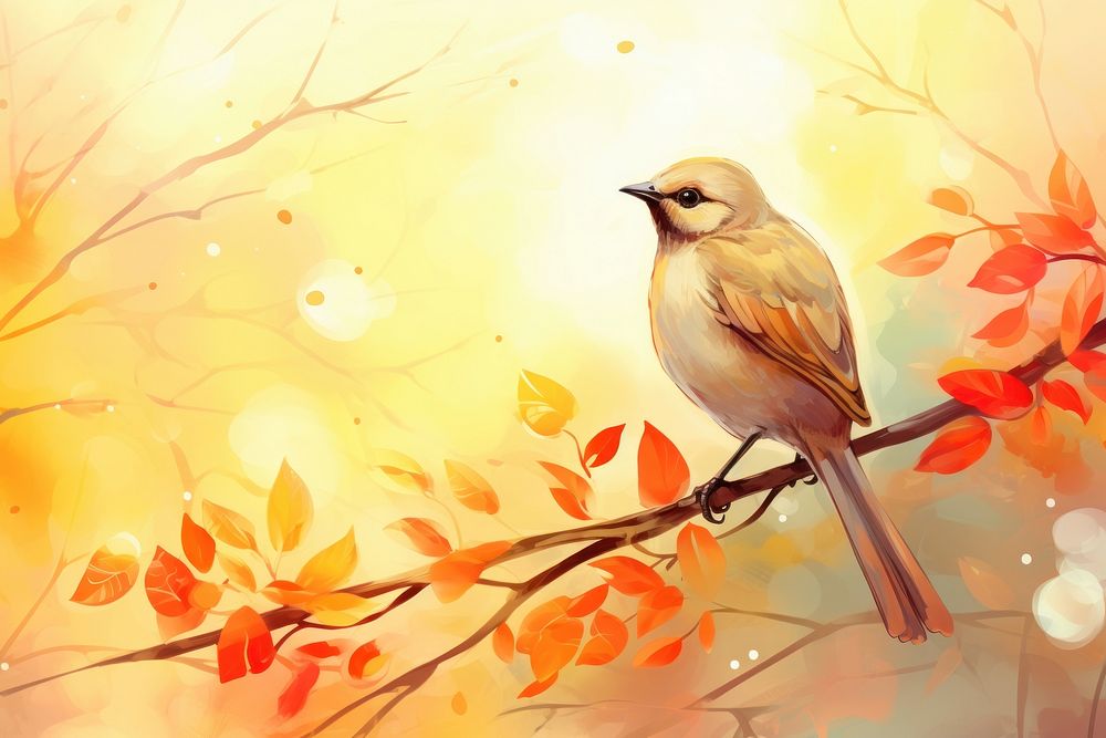 Exotic bird on tree branch with leaves and sun on light beige background animal songbird wildlife.
