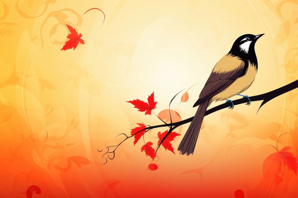 Exotic bird on tree branch with leaves and sun on light beige background animal plant leaf.